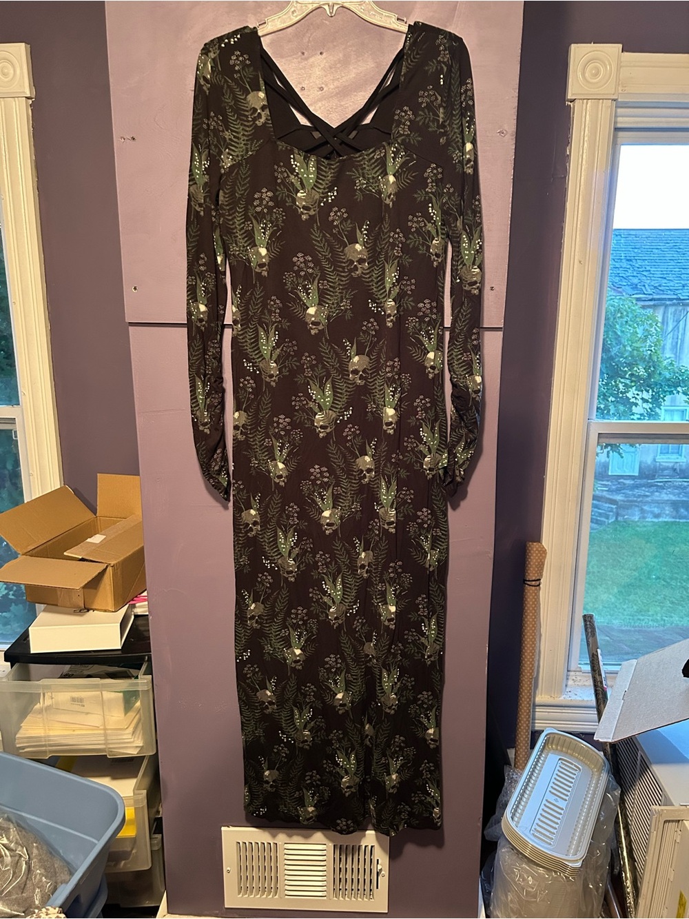 Killstar Black & green skull and leaf print maxi dress XL